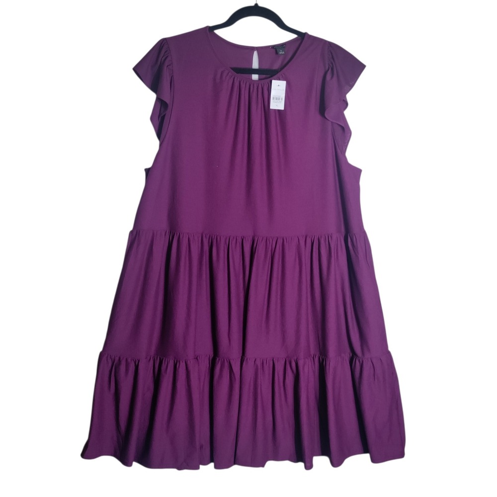 Ann Taylor Womens XL Plum Purple Tiered Flutter Sleeve Keyhole Shift Dress NEW